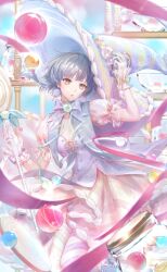  1girl artist_request asymmetrical_legwear blue_capelet bow bowl bowtie candy cape capelet cowboy_shot dark_skin dress dress_under_shirt earrings expressionless eyelashes floating_clothes floating_hair food food-themed_clothes food-themed_earrings food-themed_hat_ornament frilled_sleeves frills game_cg glass_bowl gloves grey_hair hand_on_headwear hat hat_ornament highres holding holding_candy holding_food holding_lollipop jar jewelry leah_the_candy_witch_(shining_nikki) lollipop medium_dress mismatched_legwear nikki_(series) official_art outdoors pantyhose parted_lips pink_dress pink_pantyhose pink_ribbon pink_wrist_cuffs pleated_dress puffy_short_sleeves puffy_sleeves purple_bow purple_bowtie purple_cape purple_hat purple_shirt ribbon shining_nikki shirt short_hair_with_long_locks short_sleeves single_sidelock solo standing striped_clothes striped_dress striped_hat striped_pantyhose swirl_lollipop turtleneck_capelet two-tone_headwear white_gloves witch_hat wrist_cuffs wrist_ribbon yellow_eyes yellow_hat yellow_pantyhose yellow_ribbon yexiao_(shining_nikki) 