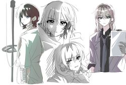  2girls bandaged_arm bandages black_shirt blood blood_on_face blood_on_hands blue_eyes brown_hair clipboard commentary_request dress girls_band_cry grey_eyes grey_hair hair_between_eyes hand_on_another&#039;s_cheek hand_on_another&#039;s_face holding holding_clipboard i2727272727 injury iseri_nina kawaragi_momoka korean_commentary long_hair low_twintails multicolored_hair multiple_girls necktie one_eye_closed open_mouth partially_colored purple_necktie roots_(hair) shirt short_hair short_twintails twintails 