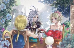  1girl 2boys azumi0aikawa bare_shoulders black_gloves blonde_hair blue_flower blue_vest breasts brick_wall cat_tail chair collared_shirt dissidia_final_fantasy dress eyeliner feather_hair_ornament feathers final_fantasy final_fantasy_ix final_fantasy_vi fingerless_gloves fingernails flower garden gloves gold_trim green_hair grey_hair hair_bobbles hair_ornament hair_ribbon holding_hands jacket kuja long_fingernails long_hair low_ponytail makeup medium_breasts multiple_boys parted_bangs parted_lips pink_ribbon ponytail purple_jacket red_dress red_eyeliner red_sleeves ribbon shirt sitting strapless strapless_dress table tail terra_branford tube_dress upper_body vest violet_eyes wavy_hair white_shirt white_sleeves white_trim zidane_tribal 