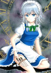  1girl apron awo_neo black_shoes blue_eyes blue_skirt blue_vest bow bowtie braid breasts closed_mouth collared_shirt frilled_skirt frills green_bow green_bowtie grey_hair hair_bow highres izayoi_sakuya long_hair looking_at_viewer maid maid_headdress mary_janes puffy_short_sleeves puffy_sleeves roman_numeral shirt shoes short_sleeves sitting skirt socks solo touhou twin_braids twitter_username vest waist_apron white_apron white_shirt white_socks 
