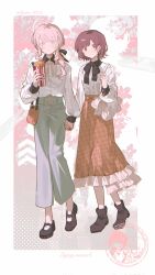  1girl 1other akiyama_mizuki bag black_shoes brown_eyes brown_hair brown_skirt collared_shirt earrings food frilled_skirt frills full_body hair_ribbon highres holding_hands jewelry kyline long_hair long_skirt long_sleeves looking_at_viewer low_ponytail pants pink_eyes pink_hair ponytail popcorn project_sekai ribbon shinonome_ena shirt shoes short_hair shoulder_bag skirt smile white_shirt 