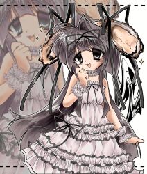  1girl 2000s_(style) :3 ahoge bare_shoulders black_ribbon blush_stickers brown_hair choker commentary_request dashed_border dress dress_ribbon frilled_choker frilled_cuffs frilled_dress frills grey_eyes hair_intakes hair_ornament hair_ribbon hand_up highres long_hair long_sidelocks open_mouth original outside_border oyster ribbon shell shell_hair_ornament sidelocks solnpass solo sparkle very_long_hair white_background white_dress zoom_layer 