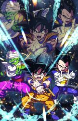  3boys absurdres armor black_eyes black_hair blue_bodysuit blue_boots blue_shirt bodysuit boots colored_skin dougi dragon_ball dragon_ball_daima fangs final_flash full_body gloves green_skin group_picture highres kamehameha_(dragon_ball) kazehare_1216 makankousappou male_focus medium_hair multiple_boys muscular muscular_male no_eyebrows open_mouth orange_pants orange_tunic pants piccolo pointy_ears purple_pants purple_shirt ruyi_jingu_bang saiyan_armor shirt son_goku spiky_hair tunic vegeta white_armor white_boots white_gloves 