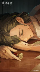  1girl absurdres arms_on_table bead_necklace beads brown_hair closed_eyes copyright_name copyright_notice corvus_(reverse:1999) dark desk eyelashes highres indoors ink_stamp jewelry logo necklace official_art official_wallpaper paper reverse:1999 shirt sleeping sleeping_on_desk solo solo_focus stitched_arm stitched_face stitched_hand stitches upper_body white_shirt 