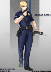  1boy absurdres ammunition_pouch artist_name belt belt_pouch black_belt black_boots blonde_hair blue_pants blue_shirt body_cam boots character_name chinese_commentary commentary_request dated english_text fingernails flashlight full_body green_eyes grey_background gun handgun highres holding holding_gun holding_walkie-talkie holding_weapon holster logo los_angeles_police_department m1911 magazine_(weapon) male_focus motorola_solutions name_tag open_mouth original pants police police_badge police_uniform policeman pouch product_placement rangercrow shirt short_hair short_sleeves simple_background smile solo standing trigger_discipline walkie-talkie watch watch weapon wristband 