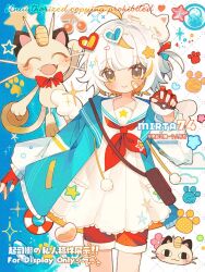  1girl :d ^_^ artist_name blue_jacket blunt_bangs blush closed_eyes closed_mouth commentary commission cowboy_shot dress eyewear_on_head grid_background hair_ornament heart heart-shaped_eyewear jacket lifebuoy long_sleeves looking_at_viewer meowth mirta neckerchief open_clothes open_jacket open_mouth original pokemon pokemon_(creature) red_neckerchief red_shorts sailor_collar sailor_dress short_hair shorts smile star_(symbol) star_hair_ornament sunglasses swim_ring symbol-only_commentary watermark white_background white_dress white_hair white_sailor_collar 