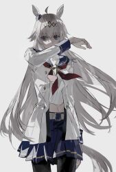  1girl absurdres ahoge animal_ears arm_at_side arm_up belt belt_buckle black_pantyhose blouse blue_eyes blue_sailor_collar blue_skirt brooch buckle buttons covered_collarbone cowboy_shot diamond_button diamond_hairband double-breasted ear_ornament grey_background grey_hair grey_tail hair_flaps hairband highres horse_ears horse_girl horse_tail jewelry long_hair long_sleeves looking_at_viewer midriff miniskirt navel neckerchief oguri_cap_(starlight_beat)_(umamusume) oguri_cap_(umamusume) open_clothes open_shirt pantyhose parted_lips pleated_skirt qing_yan_xia red_neckerchief sailor_collar sailor_shirt serious shaded_face shirt simple_background skirt sleeve_cuffs solo standing star_brooch straight-on sweat tail umamusume undershirt very_long_hair white_belt wiping_face wiping_sweat 