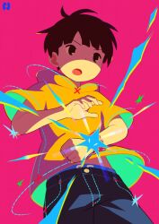  1boy bad_id bad_tumblr_id child cowboy_shot male_focus noeyebrow_(mauve) open_mouth original pink_background short_hair shorts simple_background solo 