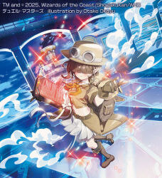  1girl 2025 asevi_andromeda_kushinada backpack bag belt boots brown_bag brown_belt brown_boots brown_hair brown_hat brown_shirt campaign_hat closed_mouth copyright_notice cropped_shirt duel_masters goggles goggles_on_headwear hair_over_eyes hat holding_stone_tablet light_particles locomotive midriff neckerchief official_art okanoyuno orange_neckerchief pointy_ears ribbon shirt short_sleeves skirt solo steam_locomotive stone_tablet train_station white_ribbon 