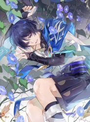  1boy absurdres blue_flower blue_hair blue_pupils blurry bridal_gauntlets chinese_commentary curled_up depth_of_field eyeliner flower genshin_impact guilingshy highres holding holding_flower japanese_clothes jewelry looking_at_viewer lying makeup multicolored_eyes on_side open_mouth pendant pink_lips plant red_eyeliner reflection reflective_water scaramouche_(genshin_impact) short_hair short_sleeves shorts smile solo teeth vision_(genshin_impact) wanderer_(genshin_impact) water wide_sleeves 