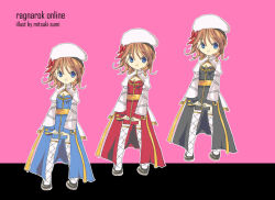  1girl arch_bishop_(ragnarok_online) black_dress black_shoes blue_dress blue_eyes bow brown_hair cleavage_cutout closed_mouth clothing_cutout commentary_request copyright_name cross dress fishnet_thighhighs fishnets flat_chest full_body hat hat_bow juliet_sleeves long_sleeves looking_at_viewer mitsukisumi pink_background puffy_sleeves ragnarok_online red_bow red_dress sash shoes short_hair smile standing thigh-highs two-tone_dress variations white_dress white_hat white_thighhighs yellow_sash 