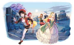  absurdres ankle_boots ankle_socks backlighting badge belt beret berry black_belt black_cross_tie black_dress black_hair black_ribbon black_shorts black_sleeves black_vest blonde_hair blue_hair blue_sky boots breasts brown_belt brown_boots brown_coat brown_eyes brown_shoes building bush buttoned_cuffs buttons cape clarice_de_avril clenched_hand cloe_da_pontina clothes_lift clouds coat collar collarbone collared_shirt cross_tie detached_sleeves dress dress_lift dress_pants drill_hair english_commentary fence flower frilled_collar frilled_dress frills full_body glasses gloves gold_buttons grass green_dress green_eyes green_vest hair_intakes hair_ribbon hat high_collar highres ispin_charles jacket jewelry lace-up_boots lantern lanziee_rozen_kranz light_particles long_dress long_hair loose_belt maximin_liebkne medium_breasts military_jacket multicolored_jacket nexon official_art open_mouth outdoors outside_border parted_hair pendant pinafore_dress pine_tree plain_epaulettes popped_collar princess princess_dress princess_outfit puffy_short_sleeves puffy_sleeves purple_flower red_cape red_eyes red_flower red_hair red_hat red_jacket ribbon running sang_ah_yoon shirt shoes short_sleeves shorts signpost sky sleeve_cuffs sleeveless sleeveless_dress socks stairs stone_stairs strapless strapless_dress sun sunrise tales_weaver thigh-highs tree trench_coat two-tone_jacket vest waistcoat white_gloves white_jacket white_shirt white_sleeves white_socks white_thighhighs wing_collar wooden_fence yellow_dress yellow_eyes 