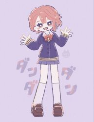  1girl 38hachico blue_jacket blue_skirt bow bowtie brown_shoes collared_shirt copyright_name dandadan hair_between_eyes hands_up highres jacket loafers open_mouth pink_eyes pink_hair pleated_skirt purple_background red_bow red_bowtie shiratori_aira_(dandadan) shirt shoes short_hair skirt smile socks solo w_arms white_shirt white_socks 