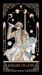  1boy absurdres black_background brown_coat brown_hair bubble card_(medium) carousel closed_mouth coat english_text feet_out_of_frame hair_between_eyes hair_over_shoulder hair_ribbon hand_up highres holding holding_paper_airplane holding_pole knight_of_cups lapels long_hair long_sleeves looking_ahead lovebrush_chronicles low_ponytail male_focus moon_phases notched_lapels o&#039;connor_(lovebrush_chronicles) open_clothes open_coat outline pants paper_airplane pole ponytail purple_ribbon ribbon roman_numeral sidesaddle simple_background sitting smile solo sweater tarot tarot_(medium) unicorn violet_eyes white_outline white_pants ya_ji_zhou yellow_sweater 