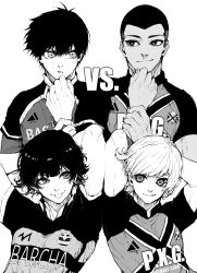  4boys arms_behind_head arms_up bachira_meguru bastard_munchen_soccer_uniform blue_lock charles_chevalier closed_mouth commentary dahlio fang fc_barcha_soccer_uniform greyscale highres isagi_yoichi julian_loki looking_at_another male_focus monochrome multicolored_hair multiple_boys paris_x_gen_soccer_uniform shaved_head short_hair side-by-side simple_background soccer_uniform sportswear symbol-only_commentary tongue tongue_out two-tone_hair vs white_background 
