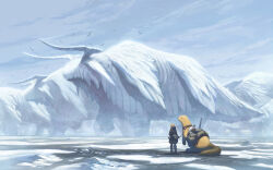  1other ambiguous_gender animal bag bird black_boots black_coat blonde_hair boots clouds coat commentary day fantasy gloves grand_scale gugu_(monkey) hood hood_down hooded_coat ice monster original otter oversized_animal reins short_hair simple_bird sky snow standing very_wide_shot water 