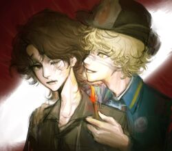  2boys adam's_apple ascot bandaged_head bandages black_ascot black_shirt blonde_hair blue_jacket brown_eyes brown_hair cross_stitch curly_hair florian_brand frown grin head_tilt holding_matchstick identity_v jacket karimichi0718 looking_at_another male_focus matthias_czernin multiple_boys one_eye_closed shirt smile stitched_mouth stitches wavy_hair yellow_eyes 