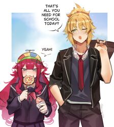  2girls absurdres aged_down baobhan_sith_(fate) blonde_hair blush candy deccatezu fate/grand_order fate_(series) food green_eyes grey_eyes hand_in_pocket highres lollipop long_hair looking_at_viewer mordred_(fate) multiple_girls one_eye_closed pointy_ears propeller_hat school_uniform short_hair siblings sisters smile speech_bubble 