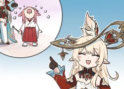  2girls aged_down alice_(genshin_impact) black_gloves blonde_hair closed_eyes crying detached_sleeves facing_viewer genshin_impact gloves hand_up highres index_finger_raised japanese_clothes long_hair long_sleeves miko multiple_girls open_mouth pink_hair pointy_ears smile xinzoruo yae_miko 