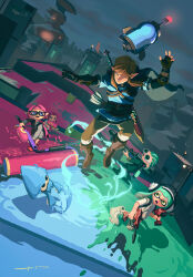  2girls 3boys black_gloves blonde_hair blue_eyes boots commentary dualie_squelchers_(splatoon) e-liter_4k_(splatoon) english_commentary gloves goggles green_hair highres in-universe_location ink inkling inkling_boy inkling_girl inkling_player_character jumping link long_hair midair multiple_boys multiple_girls octoling octoling_girl octoling_player_character one_eye_closed open_mouth outdoors pink_hair pointy_ears signature splat_roller_(splatoon) splatoon_(series) splatoon_3 splattershot_(splatoon) stanton_feng sword the_legend_of_zelda the_legend_of_zelda:_breath_of_the_wild weapon 
