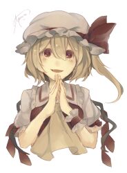  1girl artist_name ascot blonde_hair crystal_wings flandre_scarlet frilled_cuffs frilled_hat frilled_shirt_collar frilled_sleeves frills gensou_aporo hands_up hat hat_ribbon medium_hair mob_cap one_side_up own_hands_together puffy_short_sleeves puffy_sleeves red_eyes red_ribbon red_shirt ribbon shirt short_sleeves signature simple_background single_wrist_cuff sleeveless sleeveless_shirt solo touhou white_background white_hat white_shirt wings wrist_cuffs yellow_ascot 