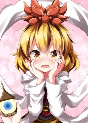  1girl 1other bishamonten&#039;s_pagoda black_hair blonde_hair commentary_request dress embarrassed hands_on_own_face highres hood hood_down long_sleeves looking_at_viewer pink_background pov pov_hands red_dress ruu_(tksymkw) shirt short_hair simple_background solo_focus toramaru_shou touhou white_shirt wide_sleeves yellow_eyes 