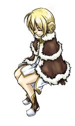  1girl ahoge blonde_hair boots brown_boots brown_cape brown_gloves cape chaoticcerberus closed_eyes closed_mouth commentary double_bun dress english_commentary full_body fur-trimmed_cape fur_trim gloves hair_bun high_wizard_(ragnarok_online) invisible_chair lowres multicolored_boots oekaki ragnarok_online short_hair simple_background sitting smile solo two-tone_boots white_background white_boots white_dress 