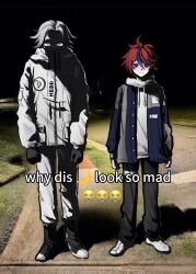  2boys ahoge aotsuki_eito black_gloves black_pants black_shoes blue_eyes blue_hair blue_jacket chinese_commentary closed_mouth commentary_request covered_mouth drawstring english_text eyelashes eyes_in_shadow full_body glasses gloves grey_hair grey_jacket hair_between_eyes height_difference high_collar highres hood hood_down hoodie i-hhdheheda jacket jacket_over_hoodie long_sleeves male_focus meme multicolored_hair multicolored_jacket multiple_boys night open_clothes open_jacket outdoors pants photo_background pocket rectangular_eyewear red_hair sanpaku semi-rimless_eyewear shoes short_hair smile sneakers streaked_hair sumino_takumi the_hundred_line_-last_defense_academy- thigh_strap two-tone_hair two-tone_jacket variant_set white_hoodie white_jacket white_pants white_shoes why_dis_ninja_look_so_mad_(meme) 