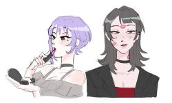  2girls applying_lipstick applying_makeup asymmetrical_hair bang_dream! bang_dream!_it&#039;s_mygo!!!!! black_choker black_hair black_jacket blush choker closed_mouth commentary compact_(cosmetics) cosmetics grey_shirt hashtag-only_commentary holding holding_lipstick_tube jacket kryakw lipstick_mark lipstick_mark_on_face lipstick_tube long_hair multiple_girls off-shoulder_shirt off_shoulder pink_eyes purple_hair red_shirt shirt short_hair simple_background upper_body white_background yahata_umiri yuri yuutenji_nyamu 