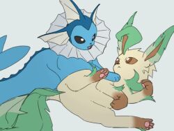  :&lt; animal_focus animal_hands black_eyes blue_fur bright_pupils brown_eyes brown_fur brown_sclera cetacean_tail colored_sclera fins fish_tail full_body green_fur head_fins leaf leafeon looking_at_another lying no_humans on_side open_mouth pawpads pokemon pokemon_(creature) pokemon_focus pp_7762 simple_background tail vaporeon white_background white_pupils yellow_fur 