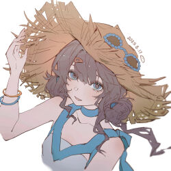  1girl :d bare_arms bare_shoulders bracelet brown_hair brown_hat cropped_torso dated dress eyewear_on_headwear hand_up hat highres jewelry looking_at_viewer marcus_(on_the_white_sand)_(reverse:1999) marcus_(reverse:1999) official_alternate_costume open_mouth reverse:1999 sleeveless sleeveless_dress smile solo strapless straw_hat sunglasses tube_top upper_body very_low_bun white_background white_tube_top yiyi_jiang_si_le 