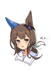  1girl admire_vega_(umamusume) animal_ears blush brown_hair closed_mouth ear_covers ear_ornament hair_between_eyes highres hinokey_(hinokey0126) horse_ears horse_girl long_hair looking_at_viewer low_ponytail ponytail portrait sailor_collar school_uniform simple_background single_ear_cover solo sweatdrop tracen_school_uniform umamusume violet_eyes white_background white_sailor_collar 