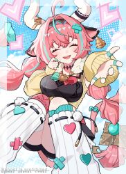  1girl ahoge animal_ears braid closed_eyes cow_ears cow_horns cow_tail ear_bell genshin_impact hairband heart highres horns hoshiki_shunka leg_warmers long_hair pink_hair reaching reaching_towards_viewer smile tail twin_braids twintails varesa_(genshin_impact) white_leg_warmers 