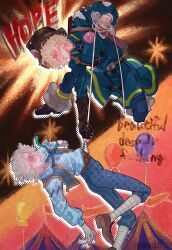  2boys aqua_eyes arched_back belt black_gloves blonde_hair blue_ribbon brown_belt english_text eye_contact firefighter firefighter_helmet firefighter_jacket floating_clothes florian_brand gloves gold_trim grin high-visibility_clothing highres hkmsny identity_v jacket looking_at_another looking_down looking_up male_focus matthias_czernin matthias_czernin_(the_boy_who_fell) multiple_boys on_one_knee polka_dot polka_dot_pants polka_dot_shirt pulling ribbon rope shirt single_glove smile wavy_hair white_hair yellow_eyes 