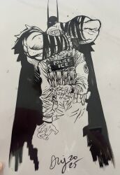  absolute_batman absolute_dc armor batman_(series) batman_symbol black_mask breaking cape daniel_warren_johnson dc_comics fighting_stance highres masked monochrome muscular muscular_male partially_colored police police_uniform shoulder_armor signature simple_background tagme white_background 