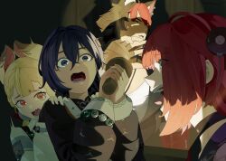  1boy 3girls @_@ absurdres accessories alice_thymefield animal_ear_fluff animal_ears behind_another beizi_(clothing) belle_(delicate_sunlight)_(zenless_zone_zero) belle_(zenless_zone_zero) black_gloves black_hair black_jacket black_sailor_collar blonde_hair blue_hair cardigan chinese_clothes choker commentary_request dog_boy dog_ears dress dress_over_shirt ear_piercing fingerless_gloves flashlight from_side gloves green_eyes hair_between_eyes hair_ornament hand_on_another's_shoulder hearing_aid heterochromia highres holding holding_flashlight indoors jacket komano_manato letter_hair_ornament multicolored_hair multicolored_nails multiple_girls muscular muscular_male official_alternate_costume one_eye_closed open_mouth orange_dress pectorals piercing pink_cardigan rabbit_ears rabbit_girl red_eyes red_hair sailor_collar scar scar_across_eye scar_on_face scared shadow shinarika396 shirt short_hair sphere_hair_ornament tears teeth tongue twintails ukinami_yuzuha white_shirt yellow_eyes zenless_zone_zero 