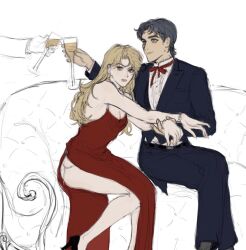  1boy 1girl black_hair black_suit blonde_hair blue_eyes blue_hair dio_brando dress formal_clothes genderswap genderswap_(mtf) jewelry jojo_no_kimyou_na_bouken jonathan_joestar long_hair necktie phantom_blood red_dress smile suit tomblibobo 