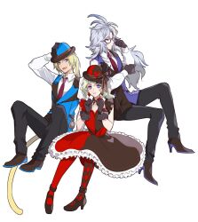  1girl 2boys adjusting_eyewear alternate_costume argyle_clothes argyle_pantyhose asymmetrical_legwear azumi0aikawa black_dress black_gloves black_hat black_pants black_shoes black_vest blonde_hair blue_eyes blue_hat blue_vest breasts cat_tail collared_shirt detached_collar dissidia_final_fantasy dress earrings feather_hair_ornament feathers final_fantasy final_fantasy_ix final_fantasy_vi frilled_sleeves frills full_body glasses gloves grey_hair hair_ornament hand_on_headwear hat high_heels jewelry kuja light_smile long_hair medium_breasts multiple_boys necktie open_mouth pants parted_bangs ponytail red_dress red_hat red_necktie shirt shoes sitting smile tail terra_branford two-tone_dress two-tone_hat two-tone_vest vest violet_eyes waistcoat wavy_hair white_background white_shirt zidane_tribal 