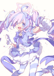  1girl :d absurdres ahoge blue_archive bow bowtie clenched_hand commentary_request dress gloves hair_ornament halo highres incoming_attack incoming_punch long_hair looking_at_viewer magical_girl multicolored_hair official_alternate_costume open_mouth pink_hair puffy_short_sleeves puffy_sleeves punching purple_bow purple_bowtie purple_dress purple_hair purple_shoes purple_thighhighs reisa_(blue_archive) reisa_(magical)_(blue_archive) shoes short_sleeves smile solo star_(symbol) star_hair_ornament streaked_hair striped_clothes striped_thighhighs thigh-highs two-tone_hair two-tone_thighhighs very_long_hair violet_eyes white_background white_gloves white_halo white_thighhighs white_wrist_cuffs wing_hair_ornament wrist_cuffs youguo_naberu 