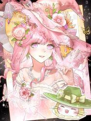  1girl ^_^ animal artist_request bead_necklace beads black_border border bow bug butterfly butterfly_hat_ornament butterfly_on_hand camellia cat closed_eyes clothed_animal commission detached_sleeves dress earrings eyelashes facial_tattoo fingernails flower flower_earrings flower_tattoo frilled_dress frilled_headwear frilled_sleeves frills gem gradient_background green_flower green_hat green_hood hair_flower hair_ornament happy hat hat_bow hat_flower hat_ornament head_only highres hood hood_up infinity_nikki jewelry layered_sleeves leaf light_blush light_particles lipstick long_hair long_sleeves makeup momo_(nikki) necklace nikki_(nikki) nikki_(series) official_alternate_color official_alternate_costume open_mouth orange_gemstone outside_border parted_lips pink_background pink_butterfly pink_dress pink_eyes pink_flower pink_hair pink_hat pink_lips rainfall_&amp;_blossoms_(infinity_nikki) sample_watermark second-party_source short_over_long_sleeves short_sleeves sidelocks sleeve_bow smile sparkle strapless strapless_dress tattoo too_many_watermarks upper_body watermark wavy_hair whiskers white_bow white_cat white_sleeves witch witch_hat yellow_background 