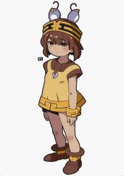  1girl animal bird boots brown_boots brown_eyes brown_hair brown_shoes closed_mouth commentary_request copyright_request dress full_body grey_background hair_between_eyes jewelry magatama magatama_necklace mawaru_(mawaru) necklace shoes short_sleeves simple_background sleeveless sleeveless_dress solo standing yellow_dress 