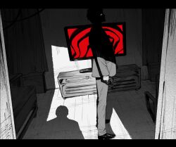  1boy adachi_tooru cheolsu crack_of_light dark_room doorway dress_shoes face_in_shadow from_side full_body greyscale gun handgun highres holding holding_gun holding_weapon indoors jacket long_sleeves looking_at_viewer looking_to_the_side male_focus monochrome pants persona persona_4 pov_doorway pov_shadow profile shadow solo spoilers spot_color standing suit television weapon 