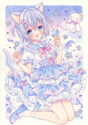  1girl animal_ears blue_sailor_collar blue_shoes border bow bowtie bracelet cat_ears cat_girl clouds commentary fang food frilled_sailor_collar frills full_body hair_between_eyes hair_ornament hairclip heart_bracelet highres holding holding_food holding_ice_cream holding_ice_cream_cone ice_cream ice_cream_cone jewelry jumping layered_skirt marker_(medium) mary_janes open_mouth original outside_border petticoat pink_bow pink_bowtie pleated_skirt puffy_short_sleeves puffy_sleeves puu_(kari---ume) sailor_collar shirt shoes short_hair short_sleeves skirt sky smile socks solo star_(symbol) stuffed_animal stuffed_toy tareme teddy_bear traditional_media two_side_up w_arms white_border white_shirt white_socks yume_kawaii 
