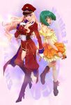  blue_hair dress green_hair hat highres macross macross_frontier orange_dress pandaun ranka_lee red_eyes sheryl_nome 