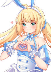  1girl absurdres ahoge animal_ears artoria_caster_(fate) artoria_caster_(swimsuit_berserker)_(second_ascension)_(fate) artoria_pendragon_(fate) blonde_hair blue_dress buttons cyanzan detached_sleeves dress fake_animal_ears fate/grand_order fate_(series) green_eyes heart highres long_hair looking_at_viewer rabbit_ears simple_background solo twintails very_long_hair white_background 