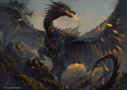  aixgz breath_weapon breathing_fire dragon embers fire highres monster monster_focus no_humans original outdoors solo tail western_dragon wings wyvern 