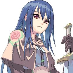  1girl blue_hair brown_capelet brown_gloves capelet chest_guard closed_mouth commentary_request cuboon floral_print gloves holding holding_sword holding_weapon long_hair looking_at_viewer lowres oekaki orange_eyes ragnarok_online rose_print simple_background smile solo sword swordsman_(ragnarok_online) upper_body weapon white_background 