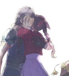  1boy 1girl aerith_gainsborough appleajyuxxxx armor arms_around_neck battle_damage belt belt_buckle black_gloves black_hair braid braided_ponytail brown_hair bruise bruise_on_face buckle closed_eyes couple crisis_core_final_fantasy_vii dress final_fantasy final_fantasy_vii final_fantasy_vii_remake flower flower_basket gloves hair_ribbon hand_on_another's_back hug injury jacket light_particles long_hair multiple_belts open_mouth pink_dress pink_hair ponytail red_jacket ribbed_sweater ribbon short_sleeves shoulder_armor sleeveless sleeveless_turtleneck spiky_hair suspenders sweater turtleneck turtleneck_sweater upper_body white_background yellow_flower zack_fair 