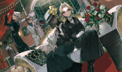  3boys 3girls absurdres adjusting_clothes adjusting_gloves alice_deross alternate_costume ascot belt belt_boots belt_pouch black_boots black_choker black_coat black_gloves black_hair black_jacket black_pants black_shirt black_skirt black_sleeves black_veil blonde_hair blue_eyes blue_necktie blue_ribbon boots brooch brown_belt brown_eyes brown_hair brown_pants brown_vest center_frills choker cleavage_cutout closed_mouth clothing_cutout coat collared_shirt colored_skin couch crossed_arms crown cuff_links curly_hair curtained_hair curtains cushion dress dress_shirt dress_shoes dutch_angle earrings expressionless feet_out_of_frame fishnet_gloves fishnets floating_earrings flower formal_clothes frederick_kreiburg frilled_skirt frilled_sleeves frills full_body gloves gown green_ascot green_skirt grey_eyes grey_skin grey_vest hair_between_eyes hair_ribbon hair_rings hair_slicked_back hand_on_own_chest hands_up hat hat_flower hat_tassel high-waist_skirt highres holding holding_notebook holding_pen identity_v indoors jacket jacket_on_shoulders jewelry juliet_sleeves lace lace_sleeves lantern lapel_pin lapels legs_together long_hair long_skirt long_sleeves looking_at_object looking_at_viewer low_ponytail mary_(identity_v) medium_hair melly_plinius monocle multicolored_skin multiple_boys multiple_girls mura_karuki necklace necktie newsboy_cap night norton_campbell notched_lapels notebook off-shoulder_dress off_shoulder official_art on_couch open_clothes open_collar open_jacket orange_eyes orpheus_(identity_v) own_hands_together painting_(object) pale_skin pants parted_bangs pen pendant_choker picture_hat plaid_clothes plaid_skirt pointed_crown ponytail pouch profile puffy_sleeves red_dress red_flower red_gloves red_rose ribbon rose rug scar scar_on_face shadow shirt shoes short_hair sitting skirt sky sleeve_cuffs smile stairs standing star_(sky) starry_sky stitched_arm stitched_face stitches suspenders swept_bangs tailcoat tassel thigh_pouch three-quarter_sleeves tie_clip undershirt vase veil veil_over_eyes vest wallet_chain white_ascot white_flower white_hair white_jacket white_pants white_rose white_shirt window yellow_flower 