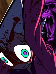  1boy ai-assisted ai-generated_background animal_background arms_up blazer blood blood_on_face blood_splatter commentary_request countdown_illustration ete_(jouzai) green_eyes grimace highres jacket jouzai_(song) long_sleeves male_focus monkey multicolored_eyes pink_jacket portrait purple_background shimatsuku solo spiky_hair sweat two-tone_eyes violet_eyes white_hair wide-eyed 